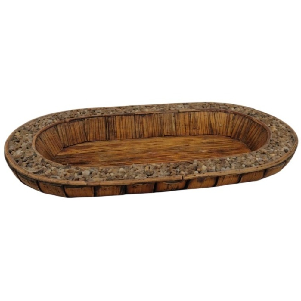 Bamboo Tiki Pebbles Stone‎ Oval Serving Tray Centerpiece 16X9X2 Candles Decor
